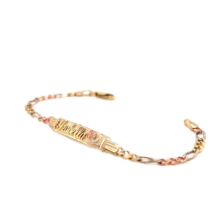 14k Kids Gold ID Bracelet with Rose and Tri-Color Figaro Links - MyBabyGold