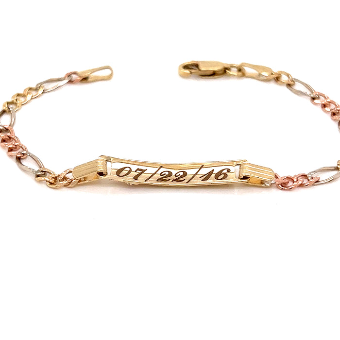 14k Kids Gold ID Bracelet with Rose and Tri-Color Figaro Links - MyBabyGold