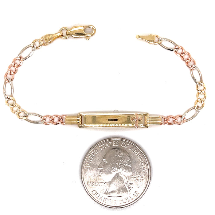 14k Kids Gold ID Bracelet with Gold Name Overlay and Cross - MyBabyGold