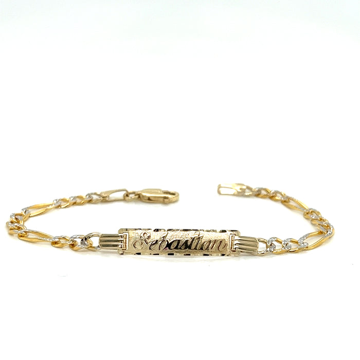 14k Kids Gold ID Bracelet with Gold Name Overlay and Figaro Pavé Link