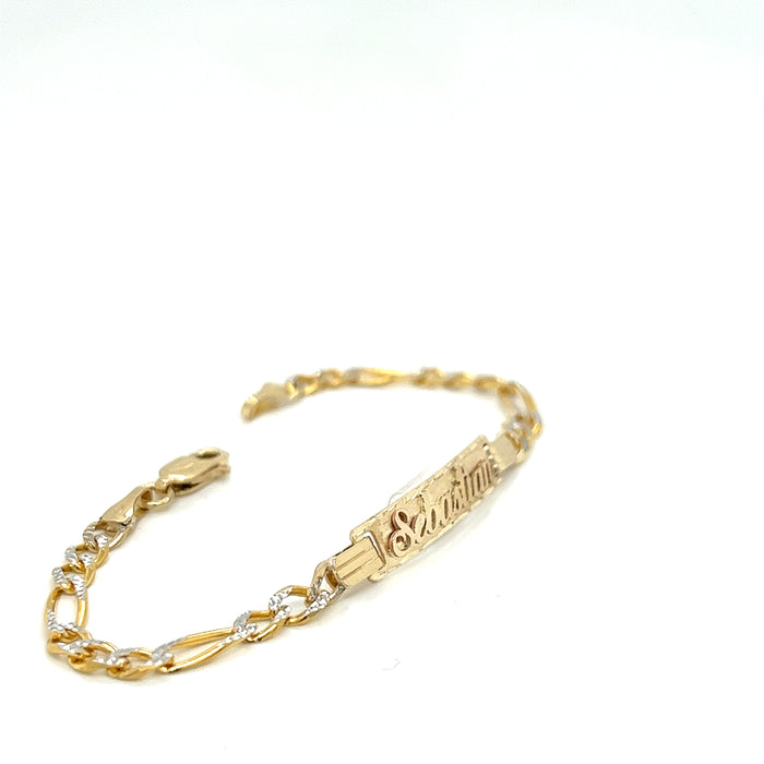 14k Kids Gold ID Bracelet with Gold Name Overlay and Figaro Pavé Link