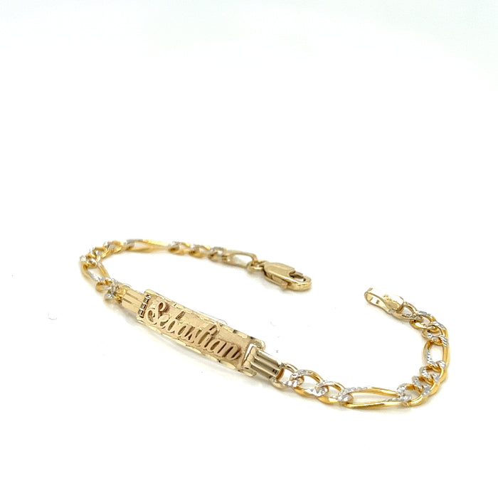 14k Kids Gold ID Bracelet with Gold Name Overlay and Figaro Pavé Link