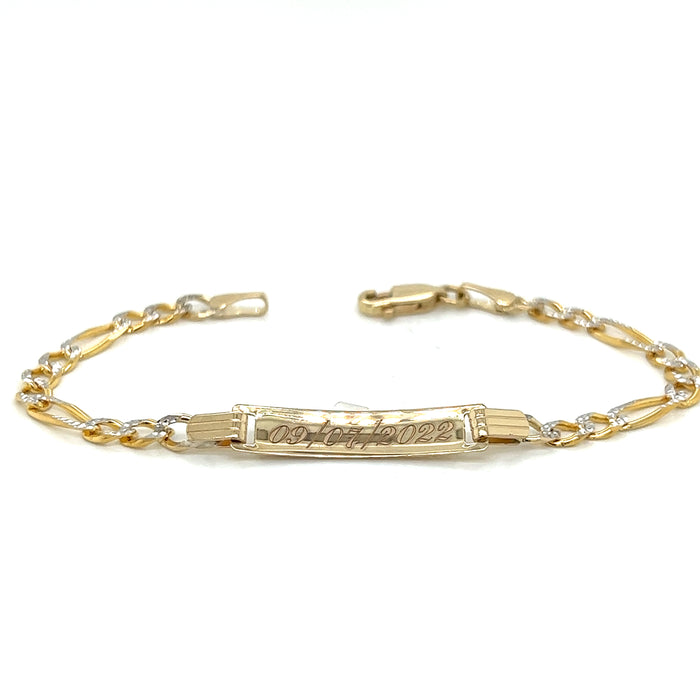 14k Kids Gold ID Bracelet with Gold Name Overlay and Figaro Pavé Link