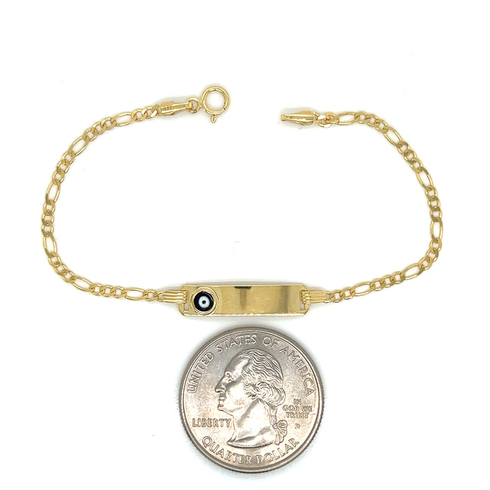 14k Kids Gold Evil Eye ID Bracelet with Gold Name Overlay and Figaro Links