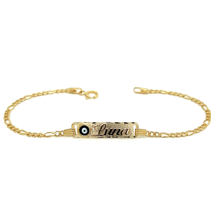 14k Kids Gold Evil Eye ID Bracelet with Gold Name Overlay and Figaro Links