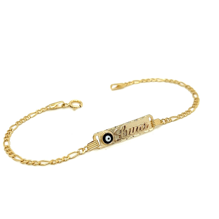 14k Kids Gold Evil Eye ID Bracelet with Gold Name Overlay and Figaro Links