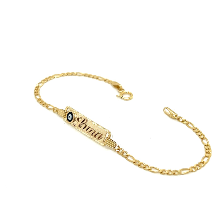 14k Kids Gold Evil Eye ID Bracelet with Gold Name Overlay and Figaro Links