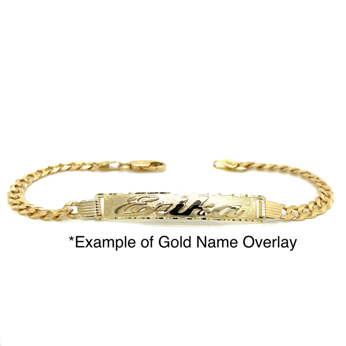 14k Gold Mens 7mm Solid Figaro Link ID Bracelet with Gold Name Overlay