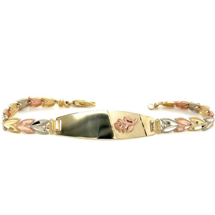 14k Yellow Gold Women's Rose Flower ID Bracelet with Gold Name Overlay