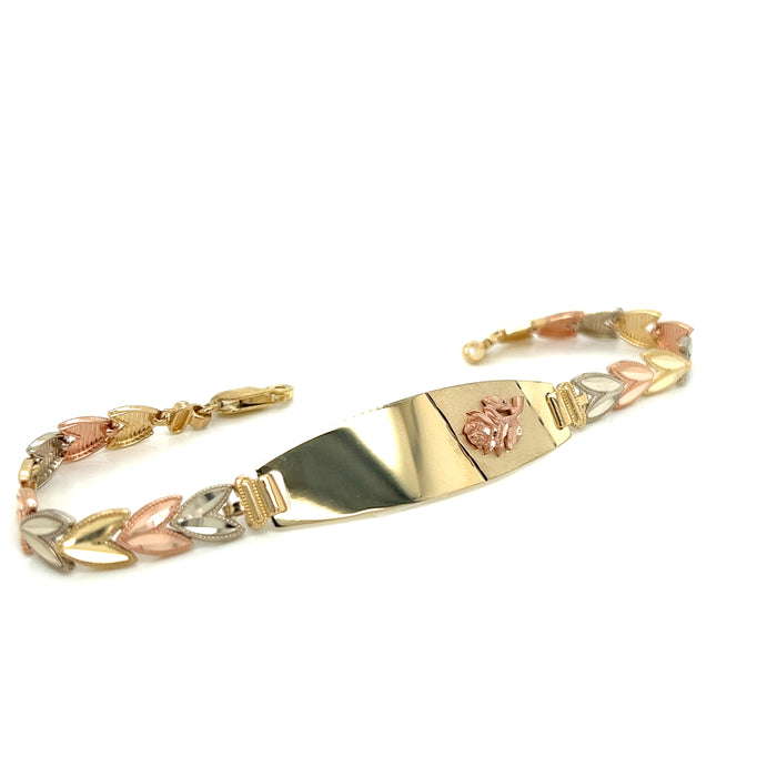 14k Yellow Gold Women's Rose Flower ID Bracelet with Gold Name Overlay