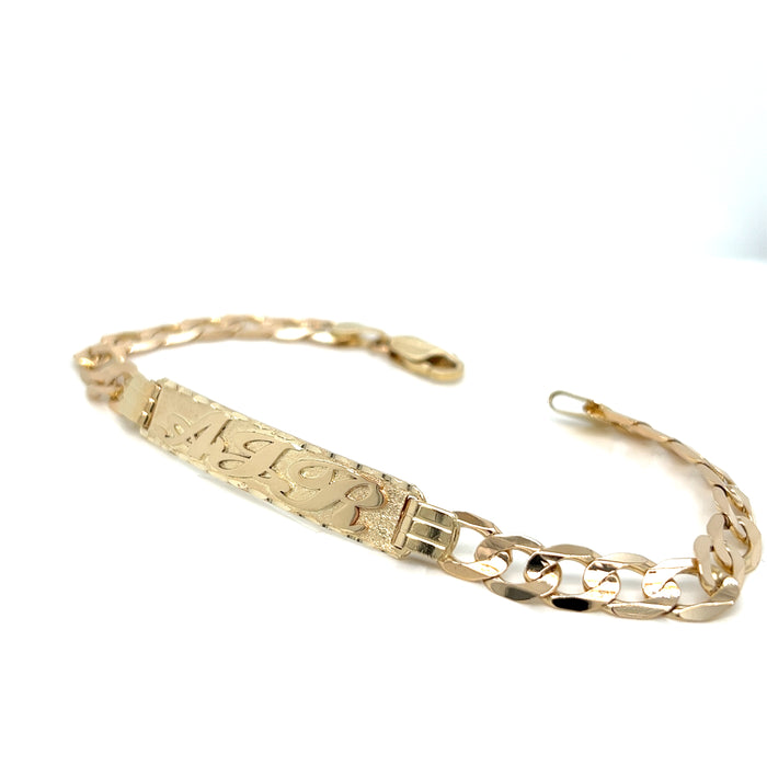 14k Gold Mens 7mm Solid Cuban Link ID Bracelet with Gold Name Overlay