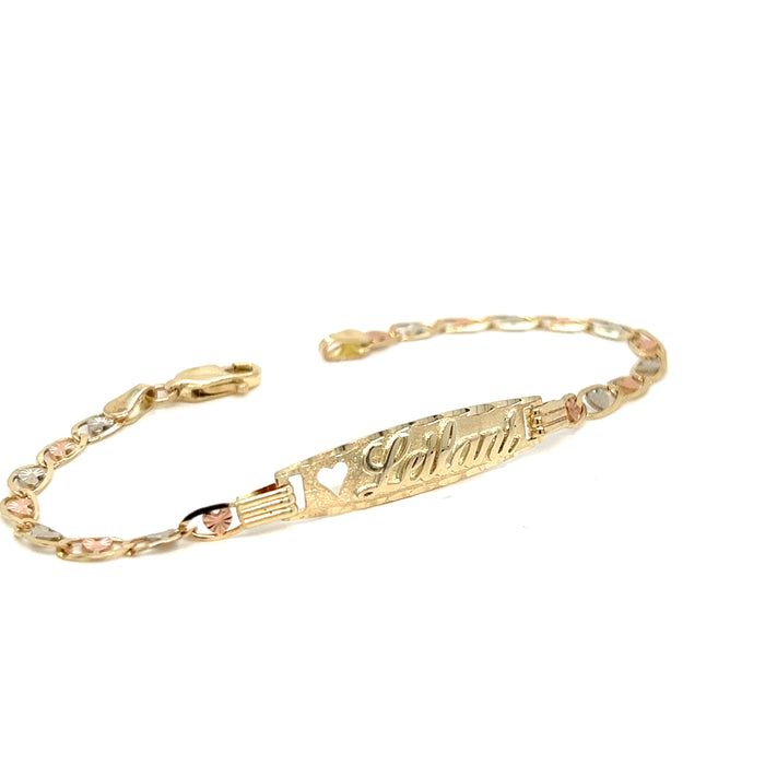 14k Kids Gold ID Bracelet with Gold Name Overlay and Tri Color Heart Links