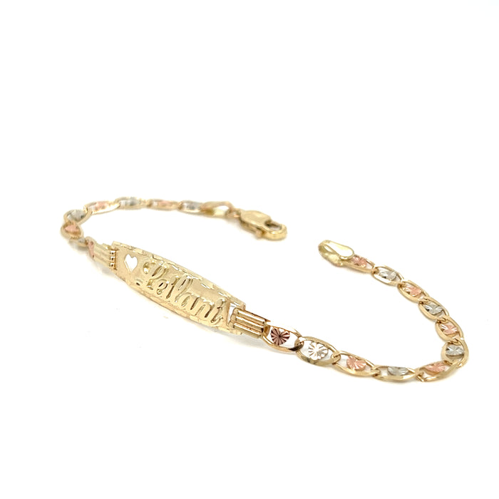 14k Kids Gold ID Bracelet with Gold Name Overlay and Tri Color Heart Links