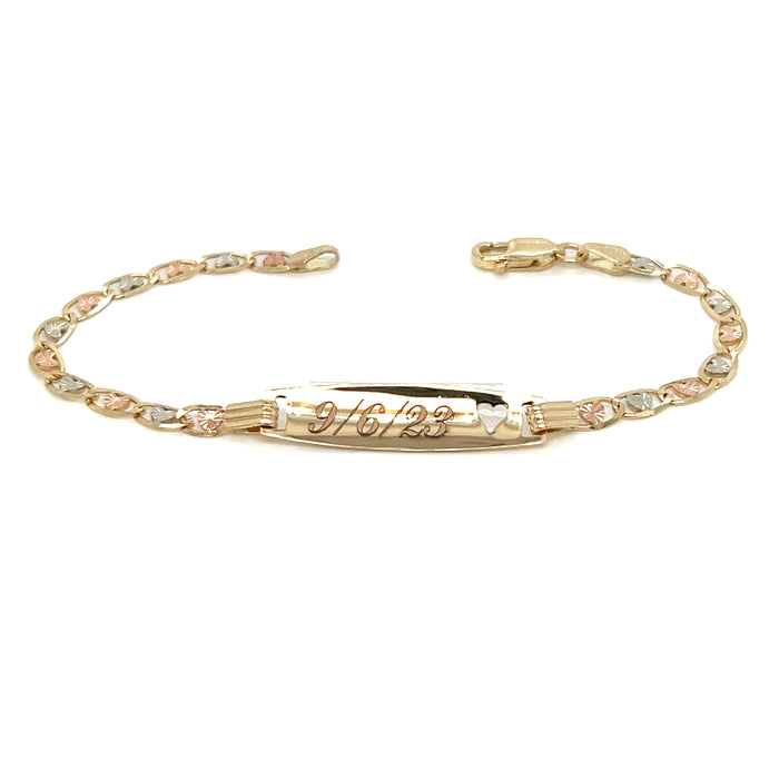 14k Kids Gold ID Bracelet with Gold Name Overlay and Tri Color Heart Links