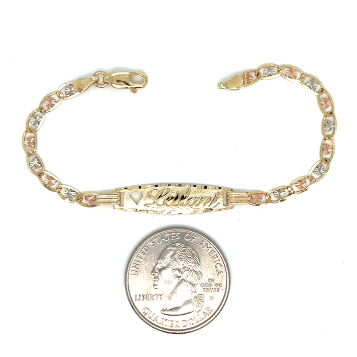 14k Kids Gold ID Bracelet with Gold Name Overlay and Tri Color Heart Links