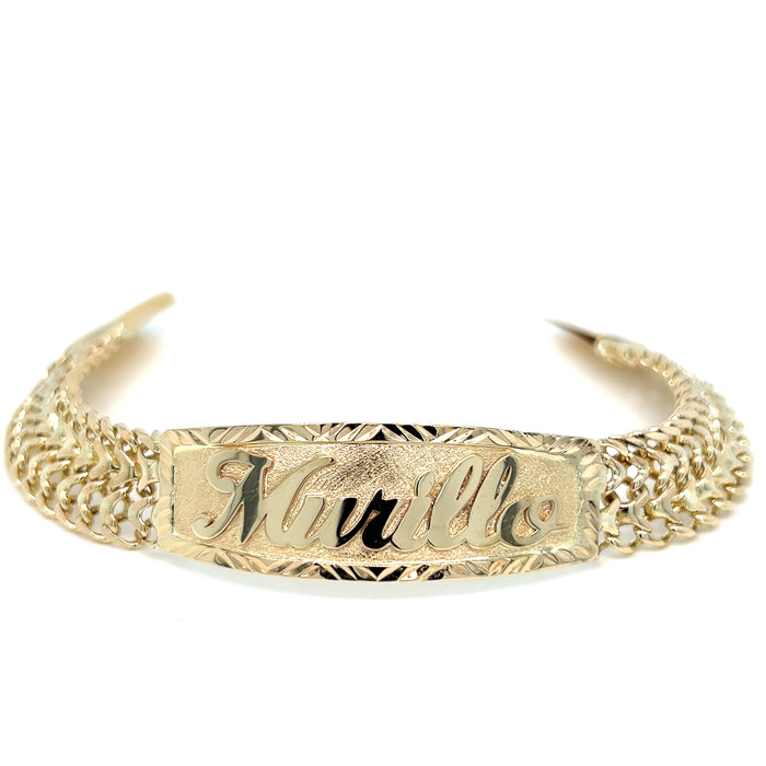 14k Gold Mens 12.7mm Solid Petatillo Link ID Bracelet with Gold Name Overlay