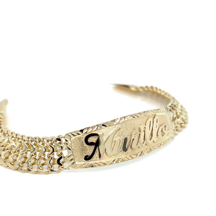 14k Gold Mens 12.7mm Solid Petatillo Link ID Bracelet with Gold Name Overlay