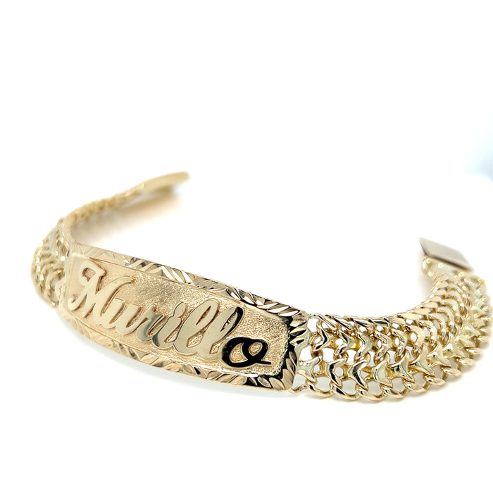 14k Gold Mens 12.7mm Solid Petatillo Link ID Bracelet with Gold Name Overlay