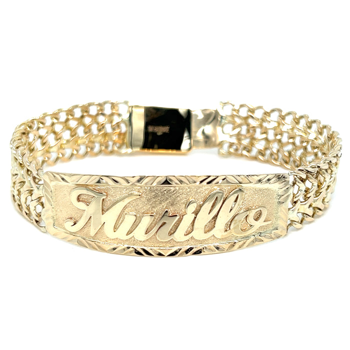 14k Gold Mens 12.7mm Solid Petatillo Link ID Bracelet with Gold Name Overlay