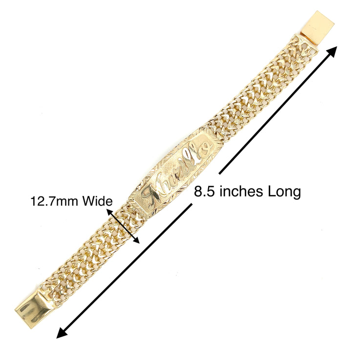 14k Gold Mens 12.7mm Solid Petatillo Link ID Bracelet with Gold Name Overlay