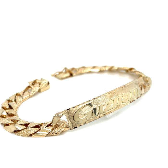 14k Gold Mens 9mm Solid Nugget Cuban Link ID Bracelet with Gold Name Overlay