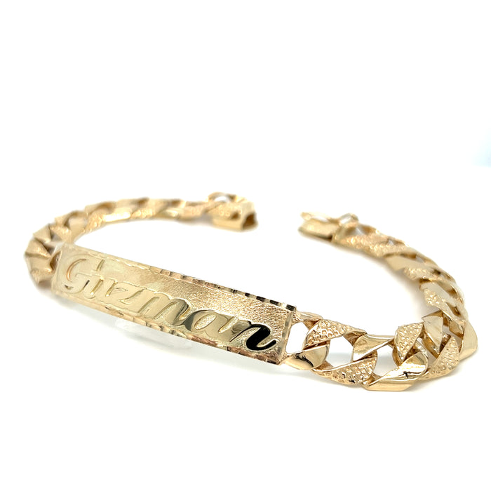 14k Gold Mens 9mm Solid Nugget Cuban Link ID Bracelet with Gold Name Overlay