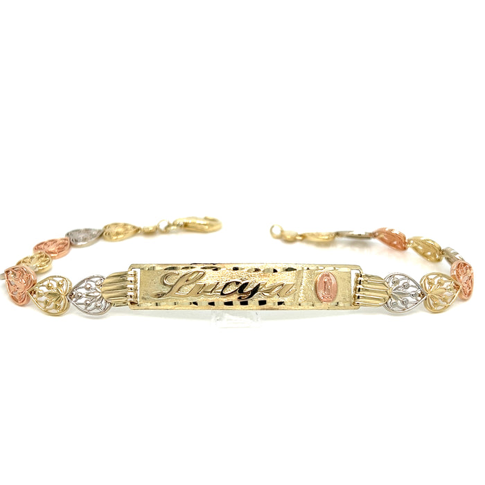 14k Tri Gold Women's ID Bracelet with Gold Name Overlay Virgin Mary and Filigrano Heart Links