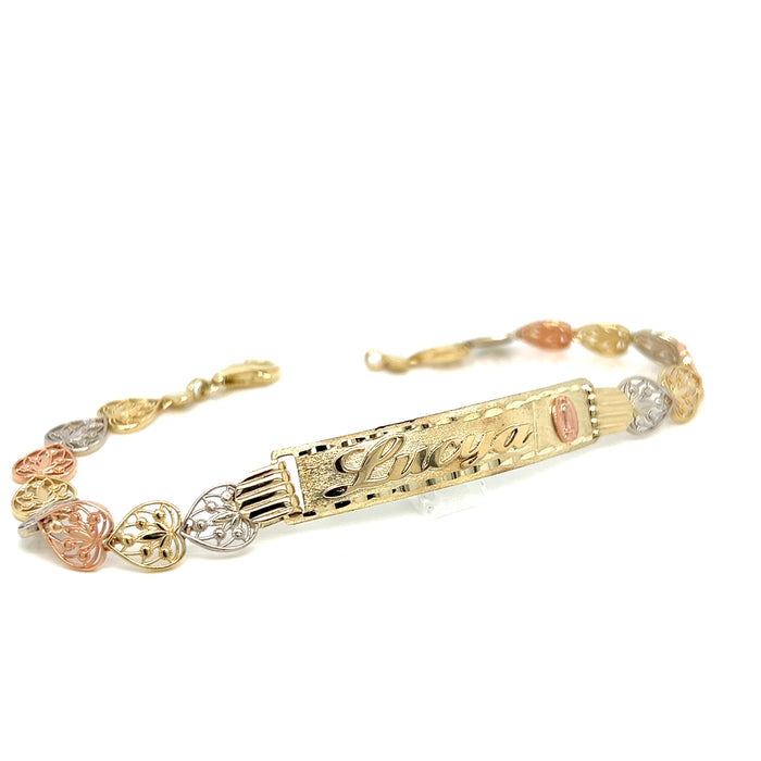 14k Tri Gold Women's ID Bracelet with Gold Name Overlay Virgin Mary and Filigrano Heart Links