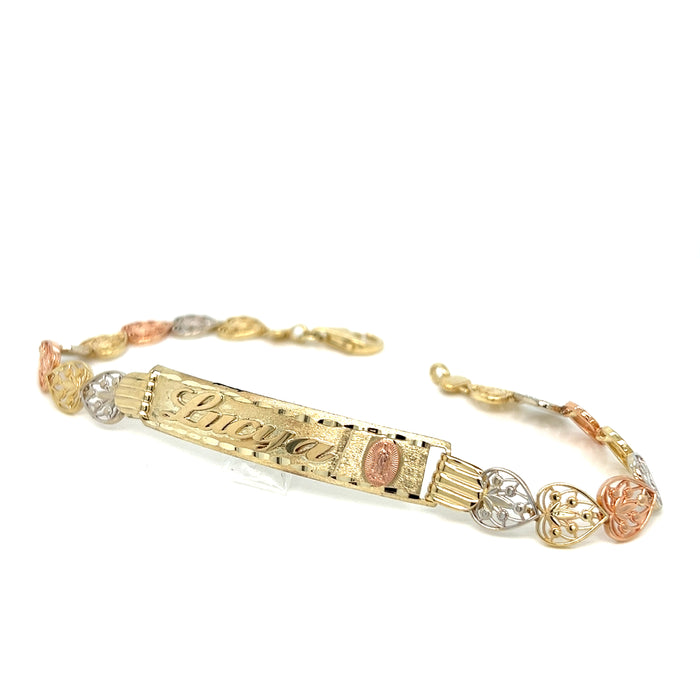 14k Tri Gold Women's ID Bracelet with Gold Name Overlay Virgin Mary and Filigrano Heart Links