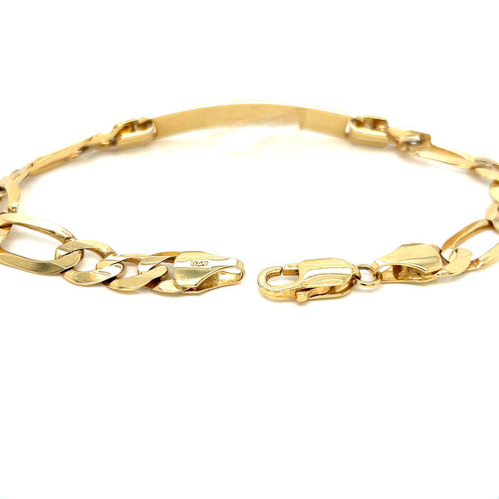 14k Gold Mens 9mm Solid Figaro Link ID Bracelet with Gold Name Overlay