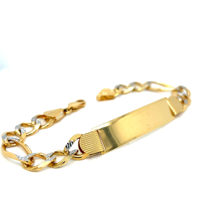 14k Gold Mens 9.5mm Solid Figaro Pavé Link ID Bracelet with Gold Name Overlay