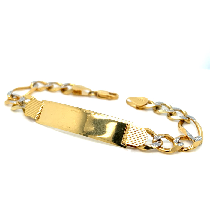 14k Gold Mens 9.5mm Solid Figaro Pavé Link ID Bracelet with Gold Name Overlay