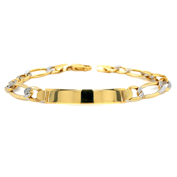 14k Gold Mens 8.5mm Solid Figaro Pavé Link ID Bracelet with Gold Name Overlay