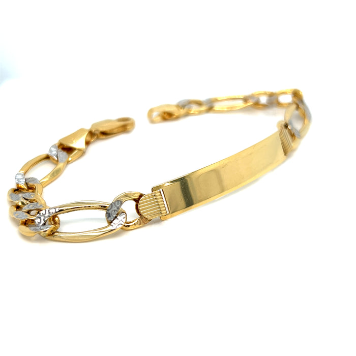 14k Gold Mens 8.5mm Solid Figaro Pavé Link ID Bracelet with Gold Name Overlay