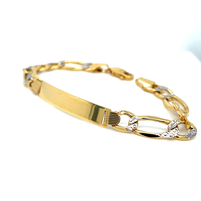 14k Gold Mens 8.5mm Solid Figaro Pavé Link ID Bracelet with Gold Name Overlay