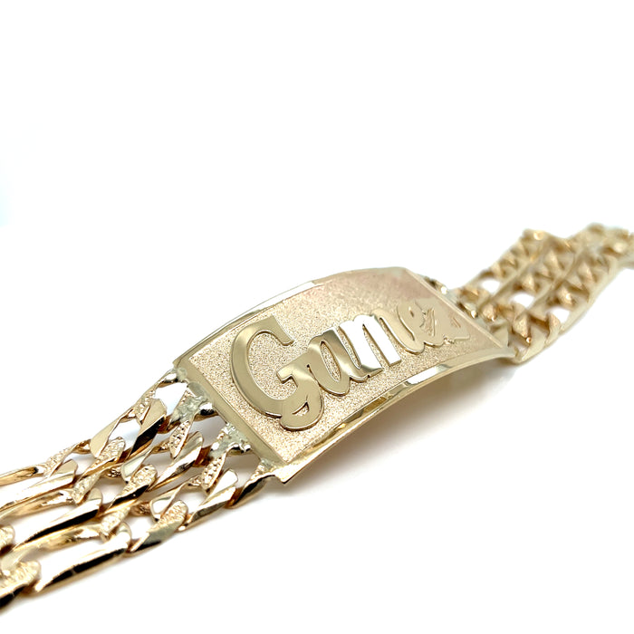 14k Gold Mens Three Row Nugget Figaro Link ID Bracelet with Gold Name Overlay