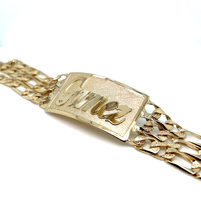 14k Gold Mens Three Row Nugget Figaro Link ID Bracelet with Gold Name Overlay