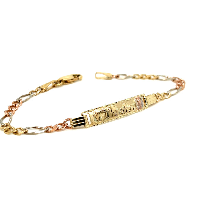 14k Kids Gold ID Bracelet with Gold Name Overlay and Virgin Mary