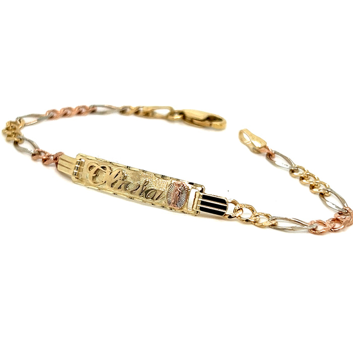 14k Kids Gold ID Bracelet with Gold Name Overlay and Virgin Mary