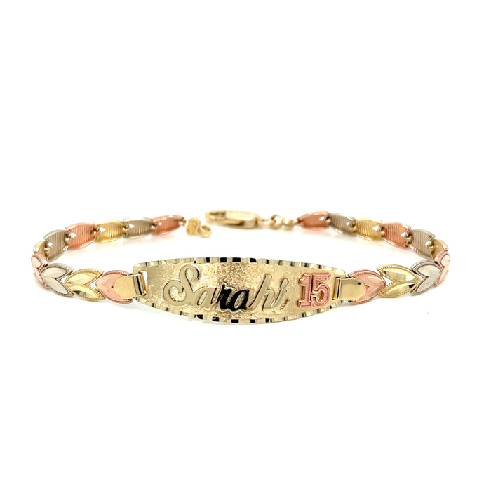 14k Gold Quinceañera Tri Color Heart Link ID Bracelet with Gold Name Overlay 10 Grams