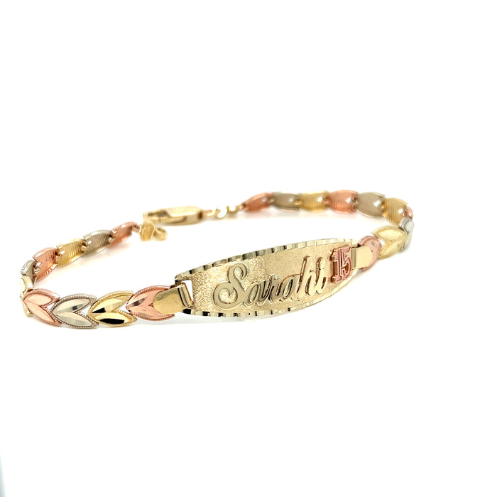 14k Gold Quinceañera Tri Color Heart Link ID Bracelet with Gold Name Overlay 10 Grams