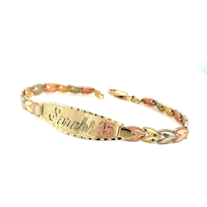 14k Gold Quinceañera Tri Color Heart Link ID Bracelet with Gold Name Overlay 10 Grams