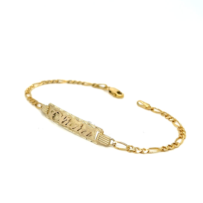 14k Kids Gold ID Bracelet with Gold Name Overlay and Solid Figaro Bracelet