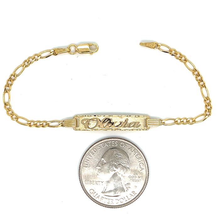 14k Kids Gold ID Bracelet with Gold Name Overlay and Solid Figaro Bracelet