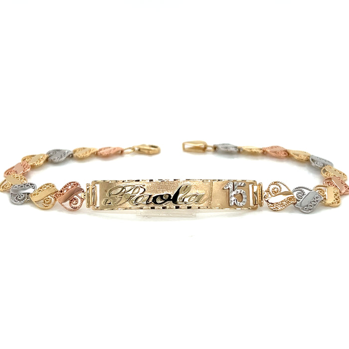 14k Gold Quinceañera Tri Color Filigrano Heart Link ID Bracelet with Gold Name Overlay