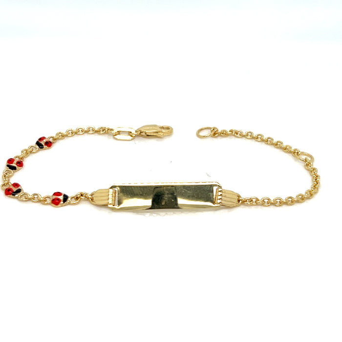 14k Kids Gold ID Bracelet with Lady Bug Links and Gold Name Overlay