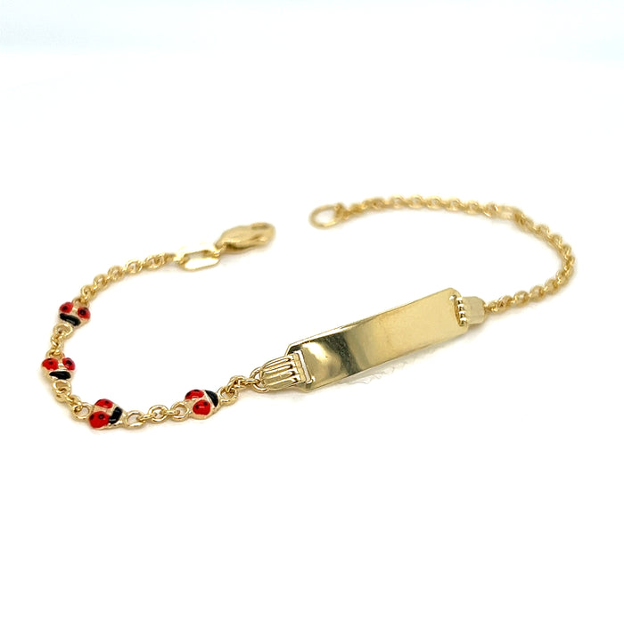 14k Kids Gold ID Bracelet with Lady Bug Links and Gold Name Overlay