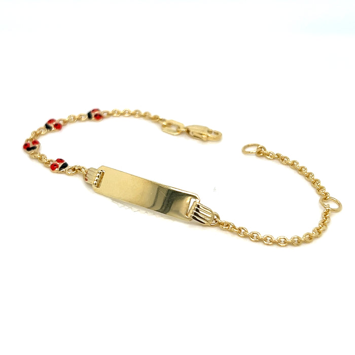 14k Kids Gold ID Bracelet with Lady Bug Links and Gold Name Overlay