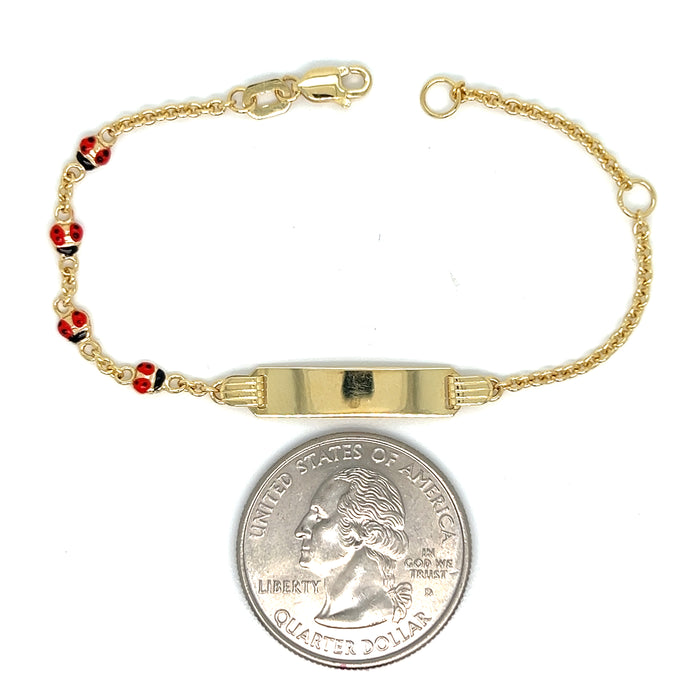 14k Kids Gold ID Bracelet with Lady Bug Links and Gold Name Overlay