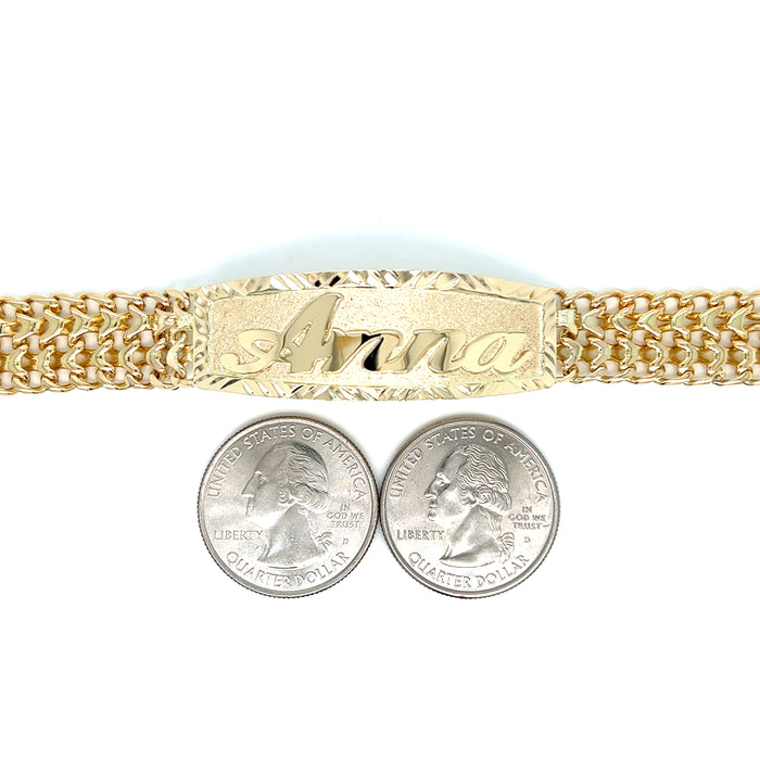 14k Womens Gold Petatillo ID Bracelet with Gold Name Overlay